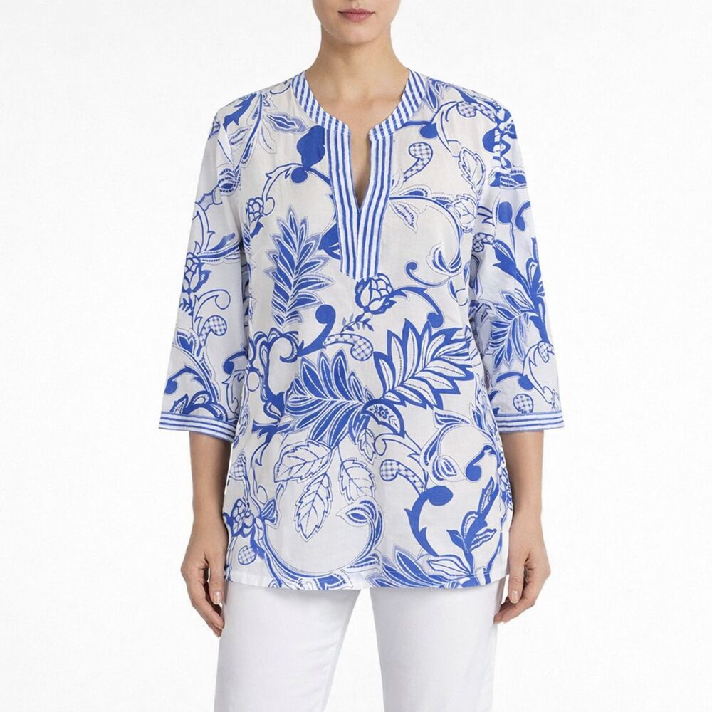 Talbots Tunic Size Large Paisley Blue White Floral  NWOT